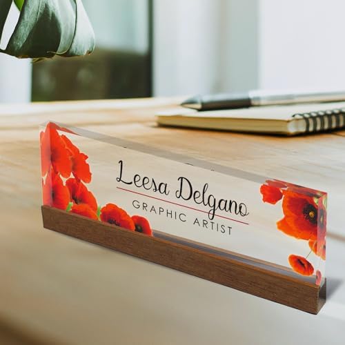 ARTBLOX Personalized Acrylic Desk Name Plate, Poppy Flowers, Wood Stand - Image 3