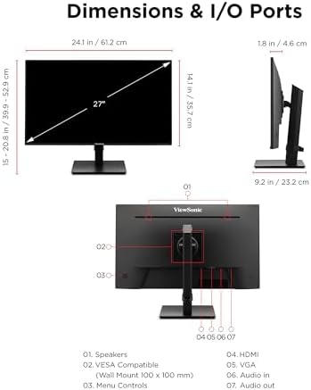 ViewSonic VA2748-MHJ 27 Inch IPS 1080p Monitor with 120Hz, Advanced Ergonomics, Eye Care, HDMI, and VGA Inputs for Home and Office (Renewed) - Image 6