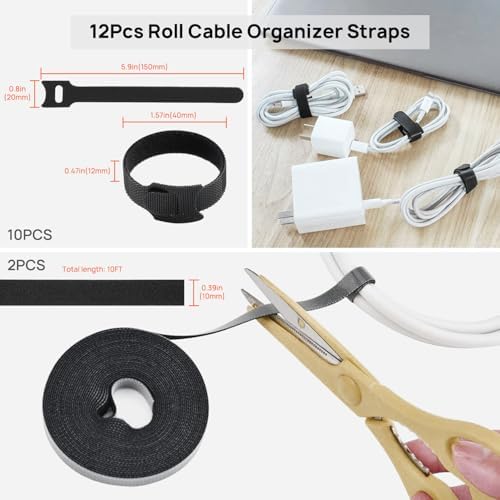 Cable Management Kit - 4 Cable Sleeve, 57 Self Adhesive Cable Clips, 12 Hanging Strips, 12 Cable Organizer Straps and 100 Fastening Cable Ties for TV Computer Under Desk (Black and White) - Image 7