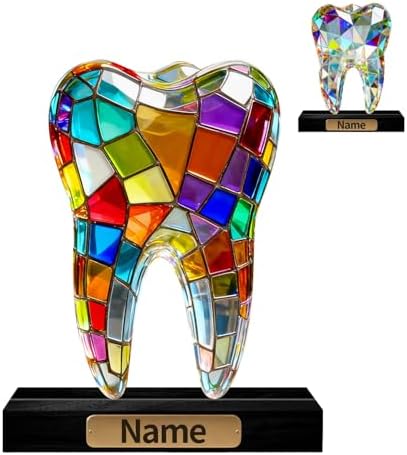 Personalized Acrylic Tooth Anatomical Decoration Stained Glass Style Colorful Figurine with Custom Name Plate Halloween Desktop Ornament Gifts for Dentists Dental Students Men Women by Unknown