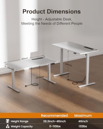 HLDIRECT 40" Electric Standing Desk with Power Outlets, White - Image 3