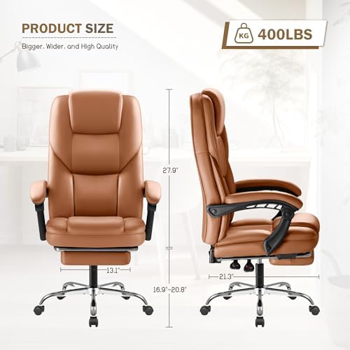 Furmax Executive Office Chair with Foot Rest Big and Tall Office Chair Ergonomic Home Office Desk Chairs Reclining High Back Leather Chair with Lumbar Support, 400LBS (Brown) - Image 3