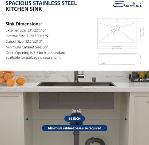 Sarlai 33 Black Kitchen Sink Drop In - 33" x 22" Kitchen Sink Drop In Workstation Topmount Gunmetal Black Stainless Steel 16 Gauge Single Bowl Over Counter Sinks Basin - Image 4