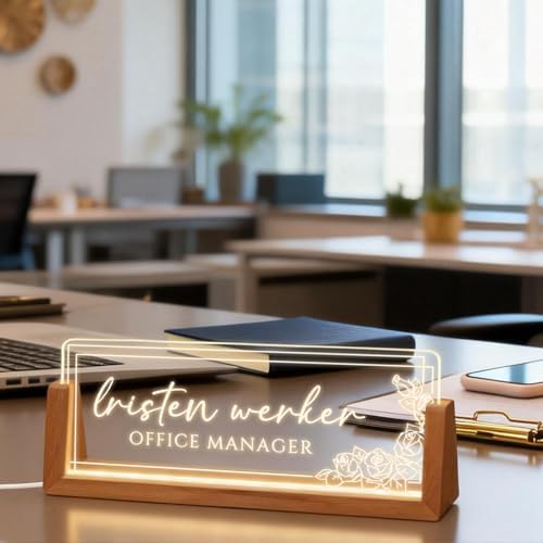 Personalized Light Up Acrylic Desk Name Plate - Custom Name Plate for Desk with Walnut Wood Base - Appreciation Office Gifts for Employees, Teacher, Social Worker (Rose-2) - Image 6