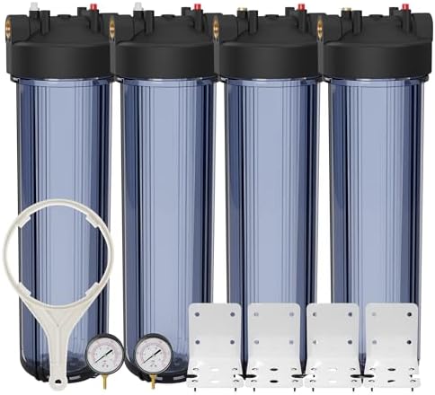 Max Water Whole House 20" x4.5" Purple Clear WH Water Filter Housing 1 inch Inlet/Outlet Ports with Pressure Gauge Wrench and Bracket (4 Housing + 2 Pressure Gauge) by MaxWater