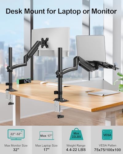 MOUNT PRO Laptop Arm Desk Mount for Max 22lbs 17" Laptop & Max 32" Monitor - Image 2