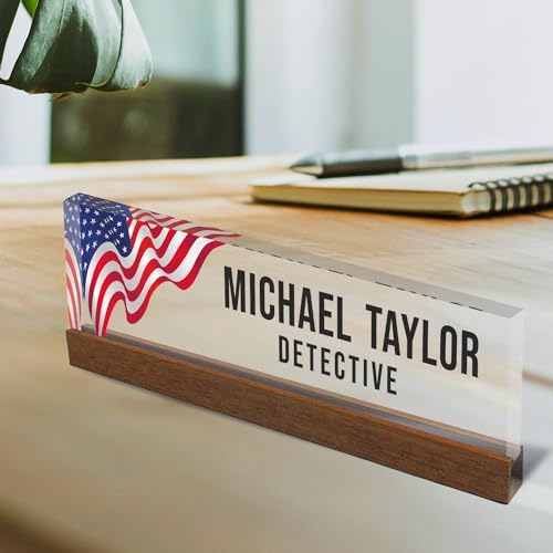 Artblox Personalized Office Desk Name Plate With Business Card Holder | Clear Acrylic Glass with Teak Wood Stand | Us Flag Design Customized with Your Name and Credentials Office Desk Décor - Image 2
