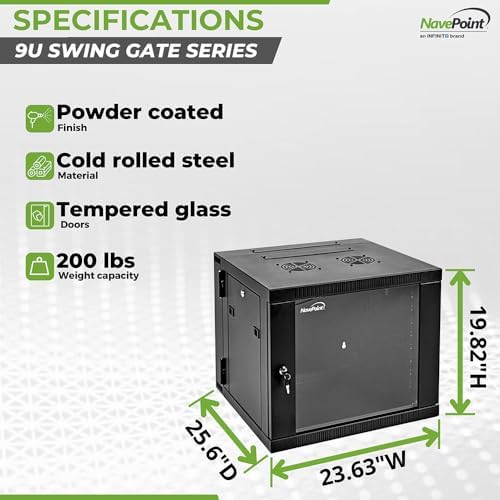 NavePoint 9U Wall Mount Cabinet with Hinged Back - 25.5” Deep, Server Rack Enclosure with Locking Glass Door and Removable Side Panels, Network Cabinet with 2 Fans, Pre-Assembled - Image 4