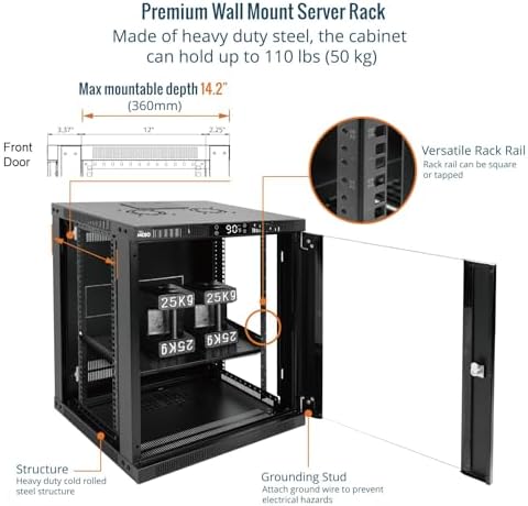 Tecmojo 12U Wall Mount Rack with Thermostat, 17.7inch Depth Enclosed Server Cabinet with 2 Cooling Fans,Lockable Door & Hardware,12U Rack for 19inch Equipments,Glass Door - Image 4