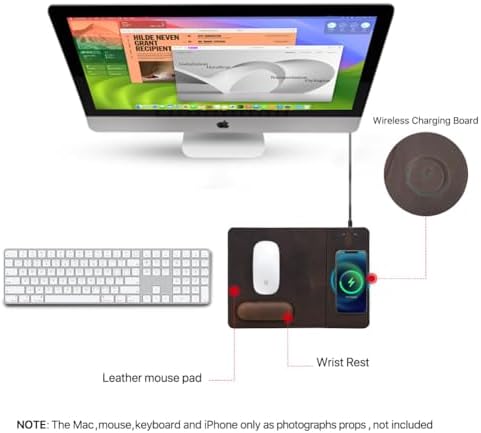 Hiram Premium Crazy Horse Leather Mouse Pad with 15W Wireless Charging - Ergonomic Wrist Rest, Waterproof, and High-End Cowhide Touch(12in x 9in) - Image 2