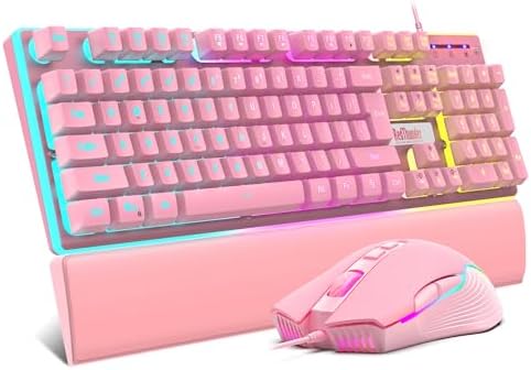 RedThunder K10 Wired Gaming Keyboard and Mouse and Wrist Rest Combo, RGB Backlit, Mechanical Feel Anti-ghosting Keyboard + 7D 7200 DPI Mice+Soft Leather Wrist Rest 3 in 1 PC Gamer Accessories(Pink) by RedThunder