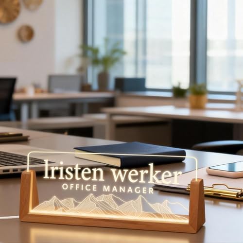 Personalized Light Up Acrylic Desk Name Plate - Custom Name Plate for Desk with Walnut Wood Base - Appreciation Office Gifts for Employees, Teacher, Social Worker (Mountain) - Image 6