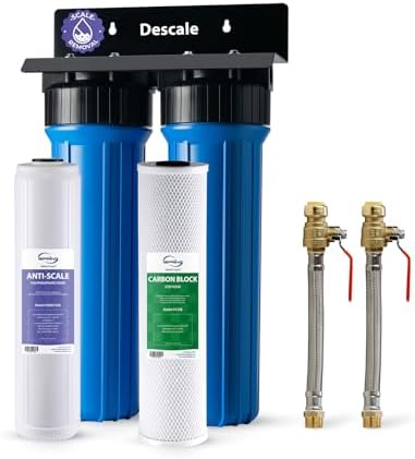 iSpring WGB22B-DS+AHPF12MNPT16X2 2-Stage Whole House Water Filter System w/ 3/4'' Push-Fit Braided Stainless Steel Hose Connectors, Reduces Scale, Corrosion, Chlorine, Taste, Odor by iSpring
