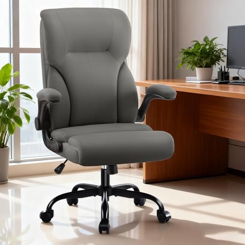 Executive Office Chair,High Back Ergonomic Comfy Desk Chair with Padded Flip-up Armrests and Wheels,PU Leather Heavy Duty Computer Swivel Rolling Task Chair for Home Office,Adults,Gray - Image 2
