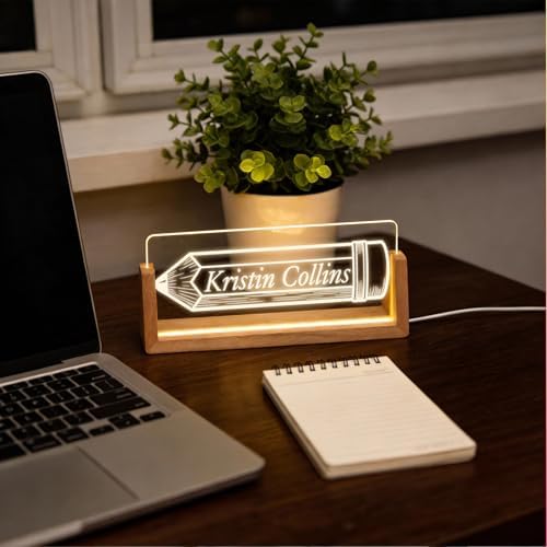 Personalized Light Up Acrylic Desk Name Plate - Custom Name Plate for Desk with Walnut Wood Base - Appreciation Office Gifts for Employees, Teacher, Social Worker (Pencil) - Image 6