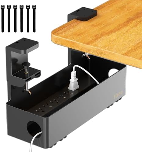 Under Desk Cable Management Tray with 6 AC Power Outlet and Clamp Mount, No Drill Cord Storage Organizers for Wire Management, Standing Desk, Computer Cord Rack for Office & Home (Black) by Hiree