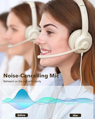 JIAMQISHI USB Headset with Microphone for PC, On-Ear Computer Laptop Headphones with Noise Cancelling Mic in-line Control for Home Office Online Class Zoom (USB+3.5mm, Apricot) - Image 2