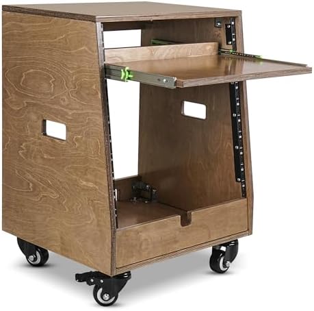 Sound Town DIY Slanted 10U Studio Rack (2U Top + 8U Lower), with 2U Bottom Storage, Slide-Out Tray, Caster, Plywood, Weathered Brown for Recording Room, Home Studio (SDRK-ST10TB) by SOUNDTOWN