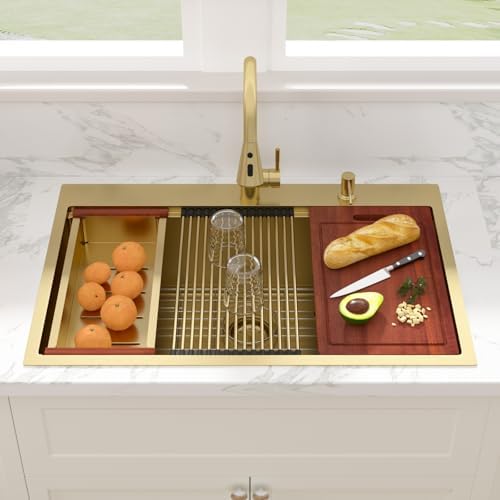 Sarlai 33 Gold Kitchen Sink with Faucet- 33x22 Inch Drop In Kitchen Sink Single Bowl Topmount Gold Ledge Workstation Sinks 16 Gauge Stainless Steel Sinks with Pull-out Faucet - Image 2