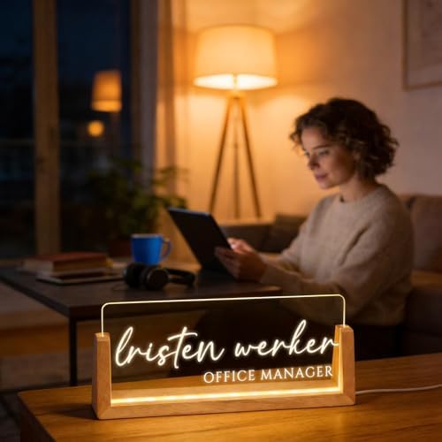 Personalized Light Up Acrylic Desk Name Plate - Custom Name Plate for Desk with Walnut Wood Base - Appreciation Office Gifts for Employees, Teacher, Social Worker (Carving - 1) - Image 3