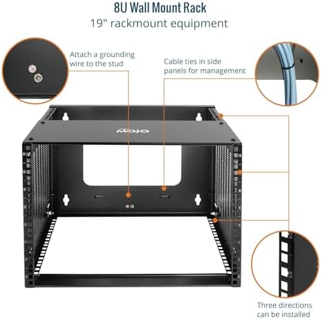 Tecmojo 8U Wall Mount Rack,8U Rack 13.9 inch Depth,132lbs(60kg) Weight Capacity,19" Network Rack for Shallow Server and IT Equipment, Network Switches,Patch Panel Bracket,Black - Image 4