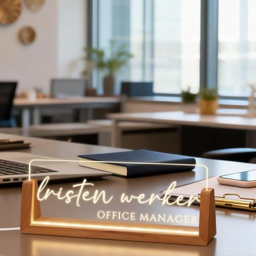 Personalized Light Up Acrylic Desk Name Plate - Custom Name Plate for Desk with Walnut Wood Base - Appreciation Office Gifts for Employees, Teacher, Social Worker (Carving - 1) - Image 6