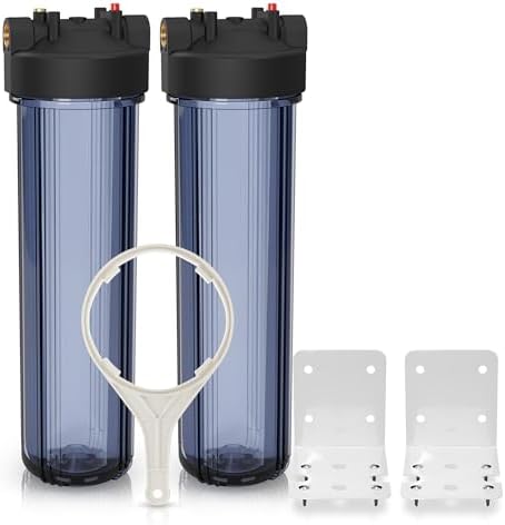 Max Water Whole House 20" x4.5" Purple Clear WH Water Filter Housing 1 inch Inlet/Outlet Ports with Wrench and Bracket (2 Housing) by MaxWater