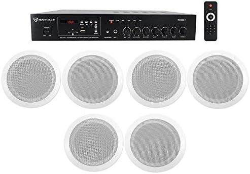 Rockville RCS80-1 70V Commercial/Restaurant Amp with 6 White CC65T Speakers by Rockville