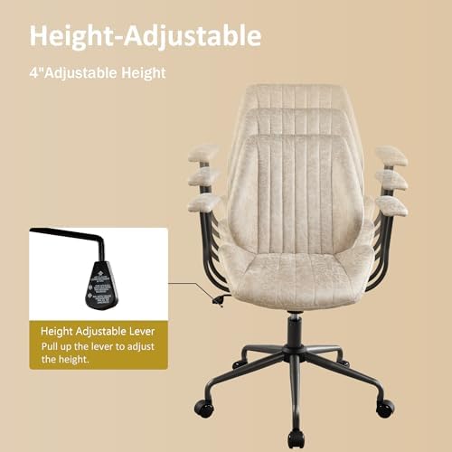 Mid Back Home Office Chair, Mid Century Modern Executive Chair, Comfy Ergonomic Rolling Office Desk Chair with Lumbar Support, Faux Leather Office Chair, Beige - Image 4