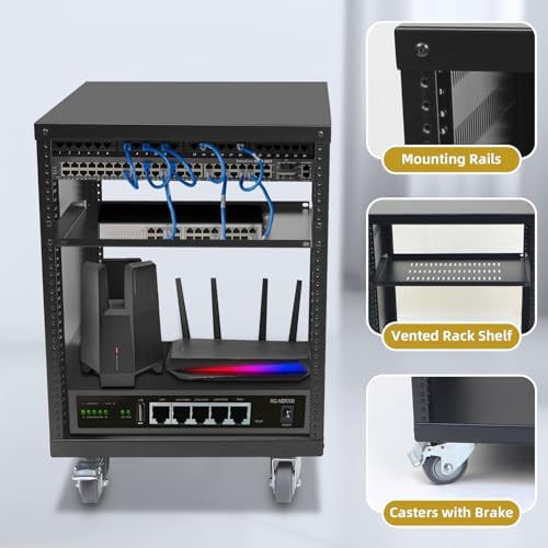 12U Rack with Caster Wheels, Heavy-Duty AV Rack with Adjustable Steel Shelf, Open Frame Server Rack for IT, AV, Data & Computer Equipment, 500lb Capacity, 19.7" W x 17.7" D x 26.8" H - Image 3