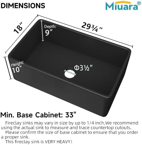 Miuara Farmhouse Sink 30 x 18 Inch Black Fireclay Apron Front Kitchen Sink - Image 3