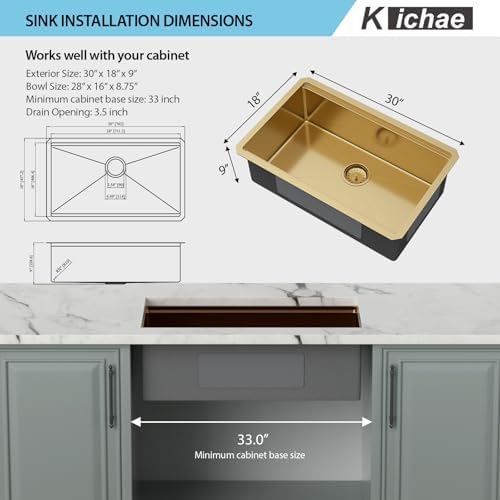 Kichae 30 Undermount Kitchen Sink 16 Gauge Stainless Steel Workstation Gold - Image 4