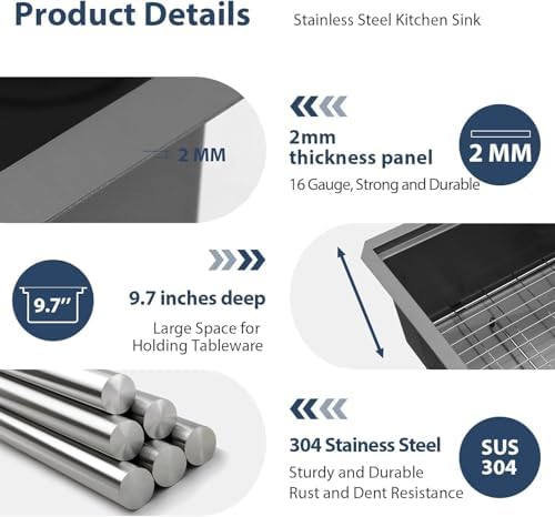 30 Undermount Kitchen Sink Black Stainless Steel - Lordear 30"x19" Kitchen Sink Undermount Gunmetal Black Workstation 16 Gauge Stainless Steel Single Bowl Handmade Sinks Basin - Image 5