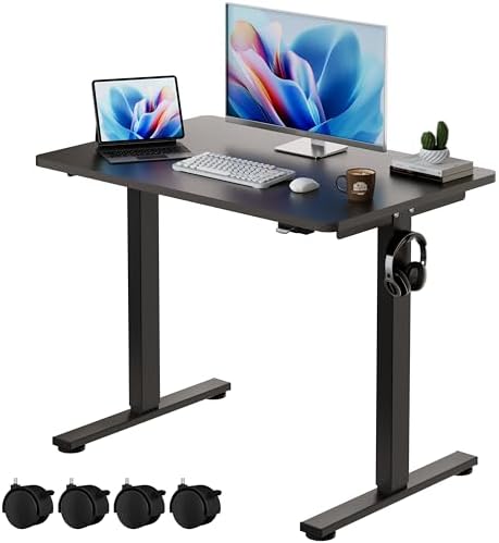 Okin Electric Standing Desk, 40 x 24 Inches Whole Piece Height Adjustable Desk, Black Sit to Stand Desks Computer Workstation with Wheels for Home Office by Okin