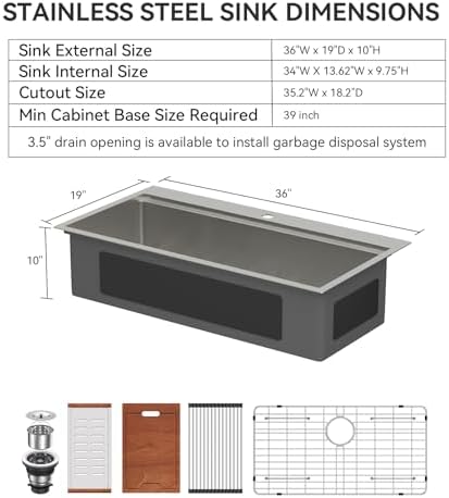 Lordear 36 Drop In Kitchen Sinks Worktation 16 Gauge Stainless Steel Single Bowl Ledge Worktation 36x19 Inch Topmount Overcounter Handmade Kitchen Sink Basin With Cutting Board - Image 4