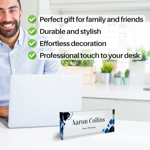 Customized Clear Acrylic Thick 8x3" Desk Name Plate Block with Personalized Logo - Professional Office Decor - Customized Acrylic Plate Gift for Teacher Co-workers (Elegant Squares) - Image 4