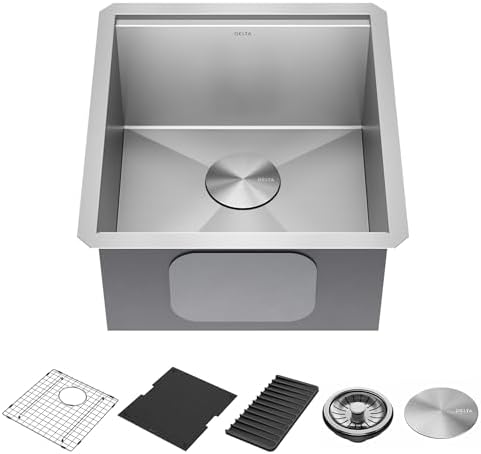 DELTA FAUCET Rivet 17-inch Workstation Bar Prep Kitchen Sink Undermount 16 Gauge Stainless Steel Single Bowl with WorkFlow Ledge and Kit of 5 Accessories, 95B9031-17S-SS by Unknown
