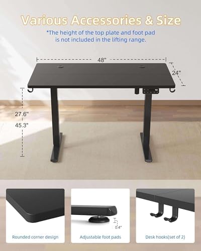 YIHAYO Electric Standing Desk, 48 x 24 Inches Stand Up Desk with Splice Board, Adjustable Height Desk, Computer Desk for Home Office, Black Frame/Black Top - Image 2