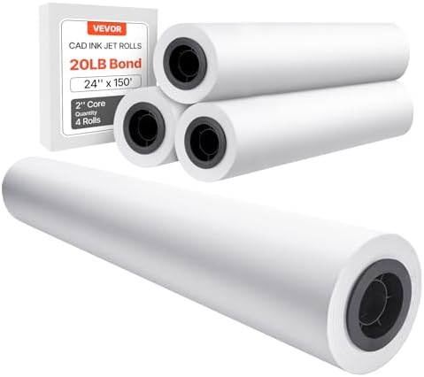 VEVOR Wide Format Paper, 24 in x 150 ft Plotter Paper, 4 Rolls CAD Bond Rolls with 2 in Core, 20 LB Bond Paper Rolls, Idea for CAD Drawings, Engineering Plans, GIS Maps & Architectural Designs by VEVOR