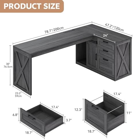 78.7" L-Shaped Executive Desk with Drawers and File Cabinet - Image 2