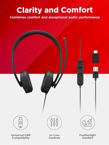 Lenovo 115 USB-A/USB-C Wired Stereo Headset – Lightweight, Noise-Cancelling, in-Line Control Box, USB-A to USB-C Adapter, Over-Ear Design, Headset with Mic for PC and Laptop, Black - Image 3