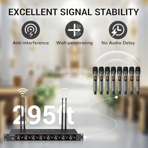TONOR Wireless Microphones System with 8x12 Channels Cordless Handheld Microfono Inalambrico, 90 m/295FT UHF Range, Mics with Stable Signal, Quick Mute for Karaoke Singing Party Church Wedding - Image 2