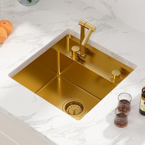 Sarlai Undermount Bar Sink - 18 Inch Gold Undermount Kitchen Sink Workstation with Foldable Faucet 18x18 Inch Outdoor Bar Prep Single Bowl Gold Sinks 16 Gauge Stainless Steel BBQ Basin with Cover - Image 2