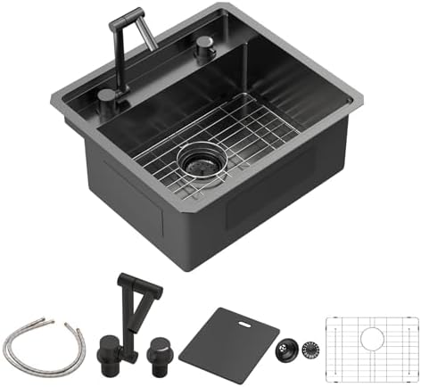 Sarlai Black Undermount Bar Sink With Foldable Faucet - 21x19 Inch Outdoor Black Kitchen Sink RV Workstation 16 Gauge Stainless Steel Single Bowl Handmade Outdoor BBQ Sinks with Lid by Sarlai