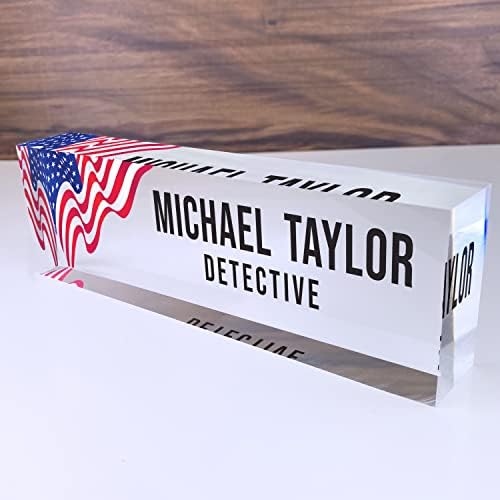 Artblox Office Desk Name Plate Personalized | Custom Name Plates for Desks | Us Flag Design On Clear Acrylic Glass | Office Desk Decor - (8" x 2.5") by Artblox