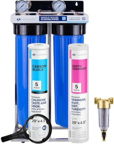 2-Stage Water Filter System 20x4.5 inch Comes with Sediment & Carbon Filters | Prefilter, Wrench, Gauge & Release, Freestanding Steel Frame Included by Aquaboon