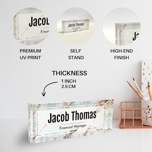 Customized Clear Acrylic Thick 8x3" Desk Name Plate Block with Personalized Logo - Professional Office Decor - Customized Acrylic Plate Gift for Teacher Co-workers (Beige Marble) - Image 2