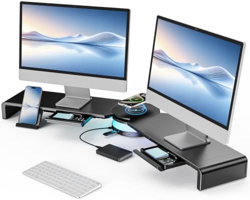 Dual Monitor Stand Riser with USB Hub, 15W Wireless Charging & RGB by KlearlookMaximizedClarity