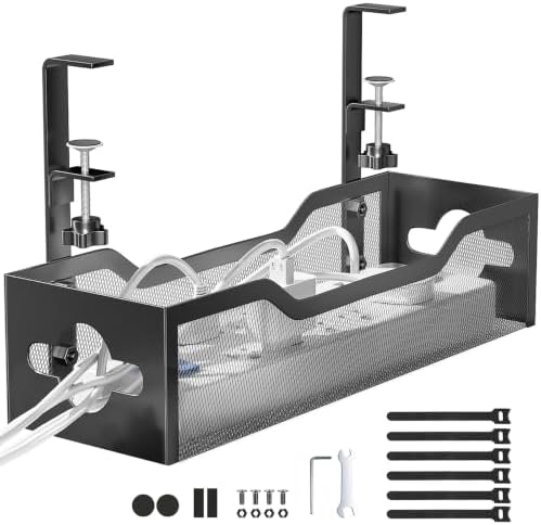 Under Desk Cable Management Tray Black, Litwaro Cable Management Under Desk No Drill, Cable Organizer with Clamp for Wire Management, Cord Organizer No Damage to Desk for Office, Home by Litwaro