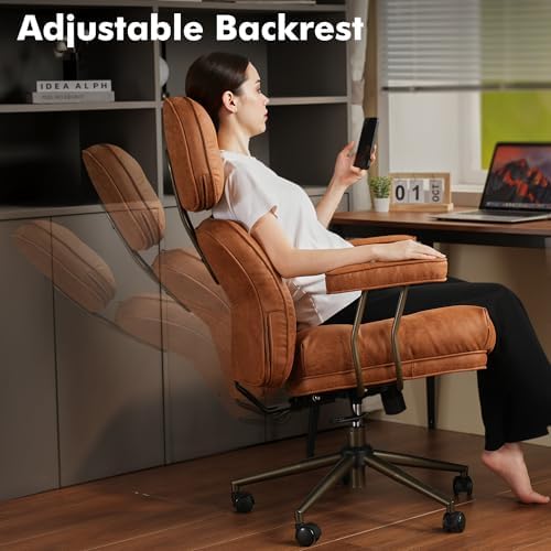 Brown Leather Home Office Chair, Ergonomic High Back Executive Chair with Deep Seat Thick Cushion, Mid Century Modern Big and Tall Computer Desk Chair with Lumbar Support (Light Brown Suede) - Image 4